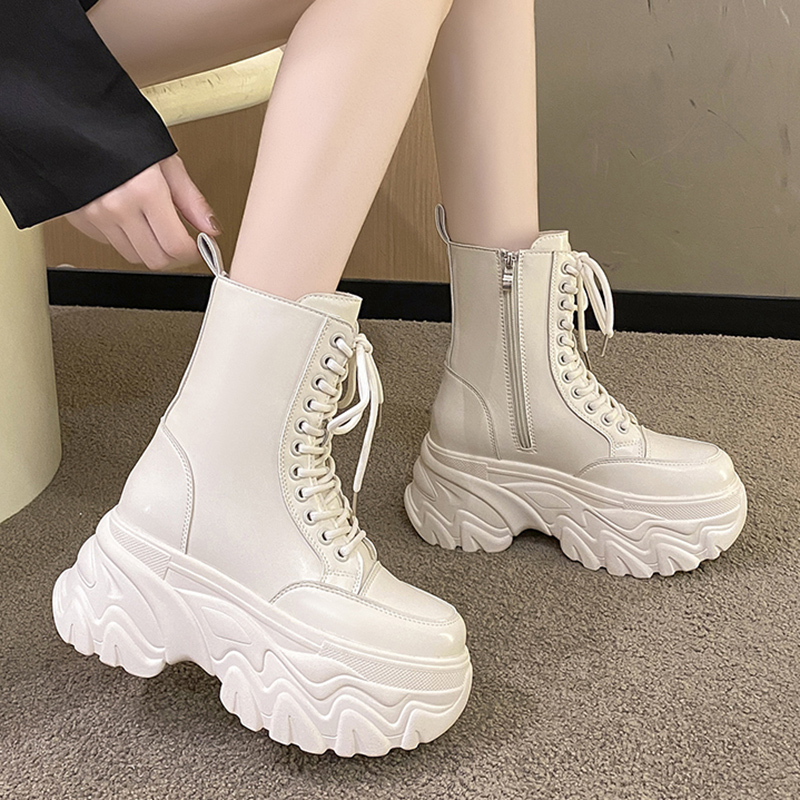 Super Punk High Platform Women Chunky Heels Lace Up Motorcycle Boots Woman Black White Thick Bottom Ankle Booties Female cd56