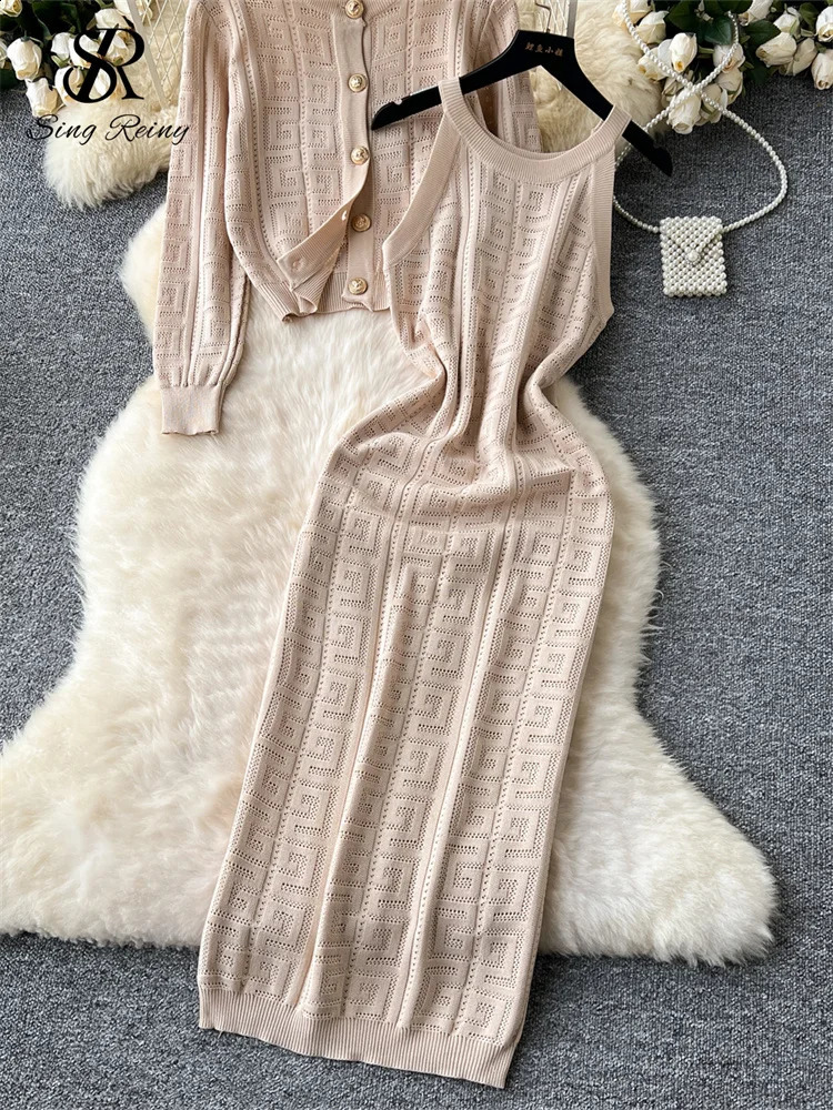 SINGREINY Autumn Winter Wear 2PC Suits Full Sleeve Knitted CardiganSenior Spaghetti Strap Bodycon Dress Women Sweater Sets 240829