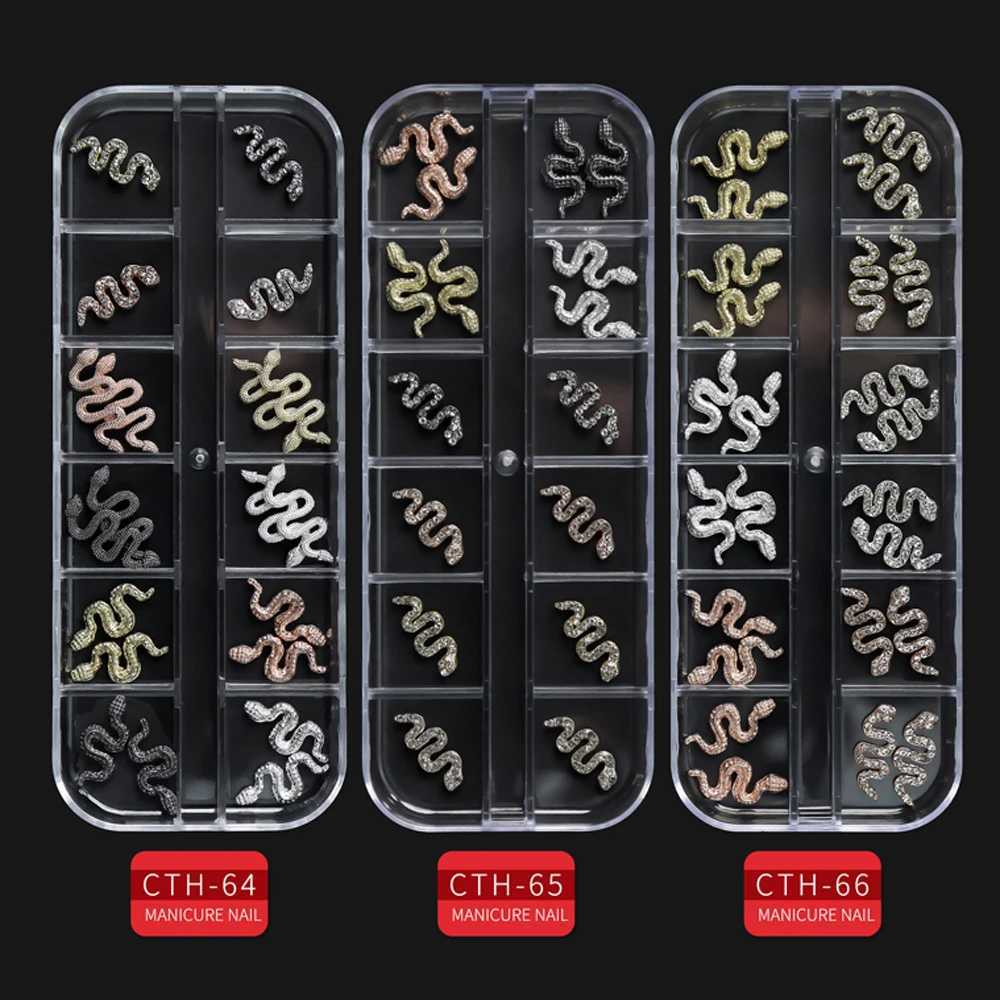 12 grid silver/gold zircon large snake glitter nail charm 3D nail art decoration alloy nail charm jewelry W240829