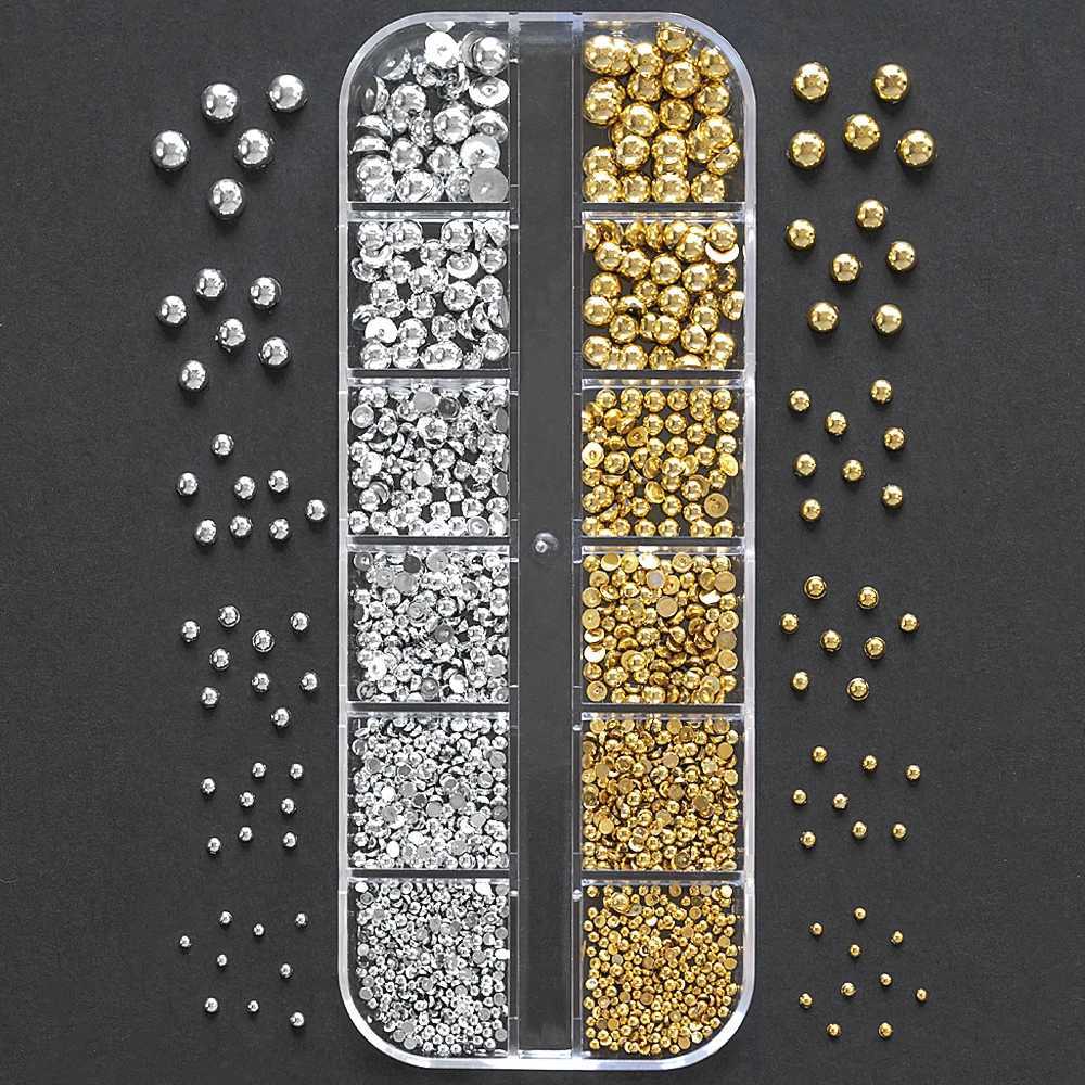 12 Grid/Box Round White Pearl Nail Bead Charm Half Round Gold/Silver Pearl Gem DIY Flat Back Nail Art Decoration ## W240829
