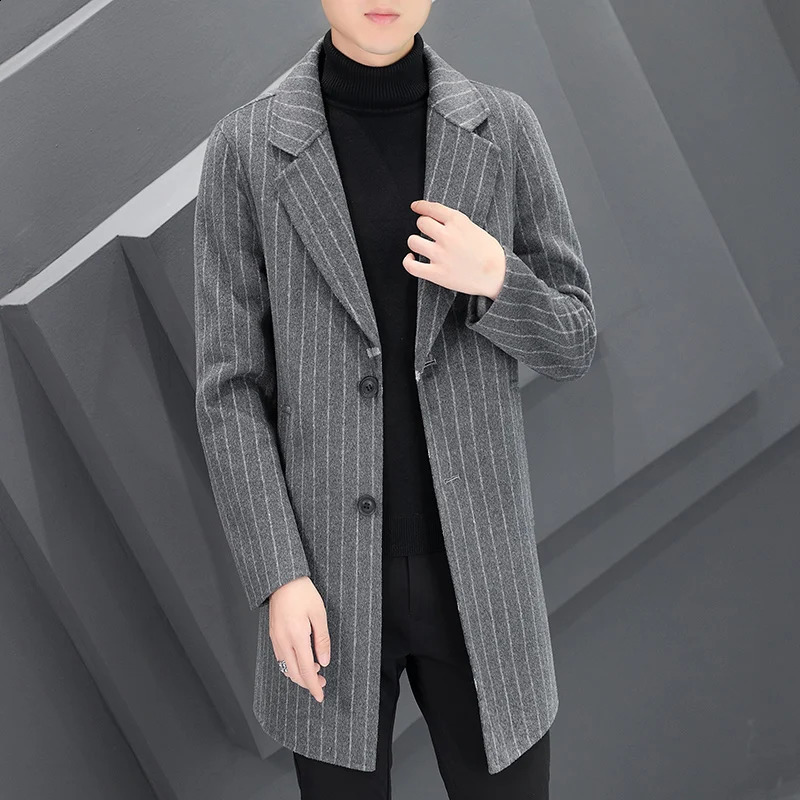 Business and leisure mens autumn and winter striped wool coat mid length coat top-grade wool coat daily thick warm windproof jacket 240829