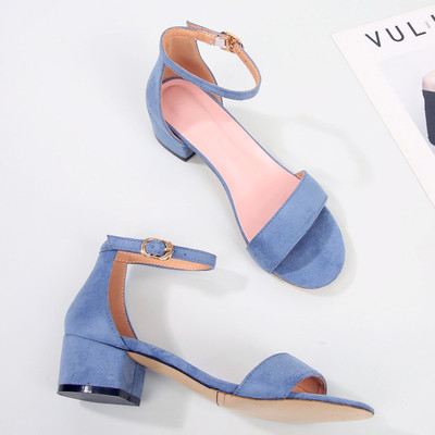 Suede Leather Sandals women heels for Teenagers Girls,Blue/Black one strap Buckle sandals Low heels Comfy Sandals Students