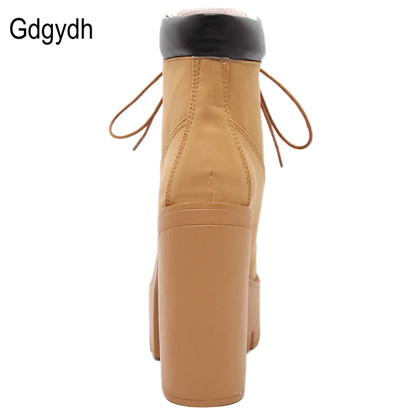 Gdgydh Fashion Spring Autumn Platform Ankle Boots Women Lace Up Thick Heel Platform Boots Women's Chunky Heeled Short Boots