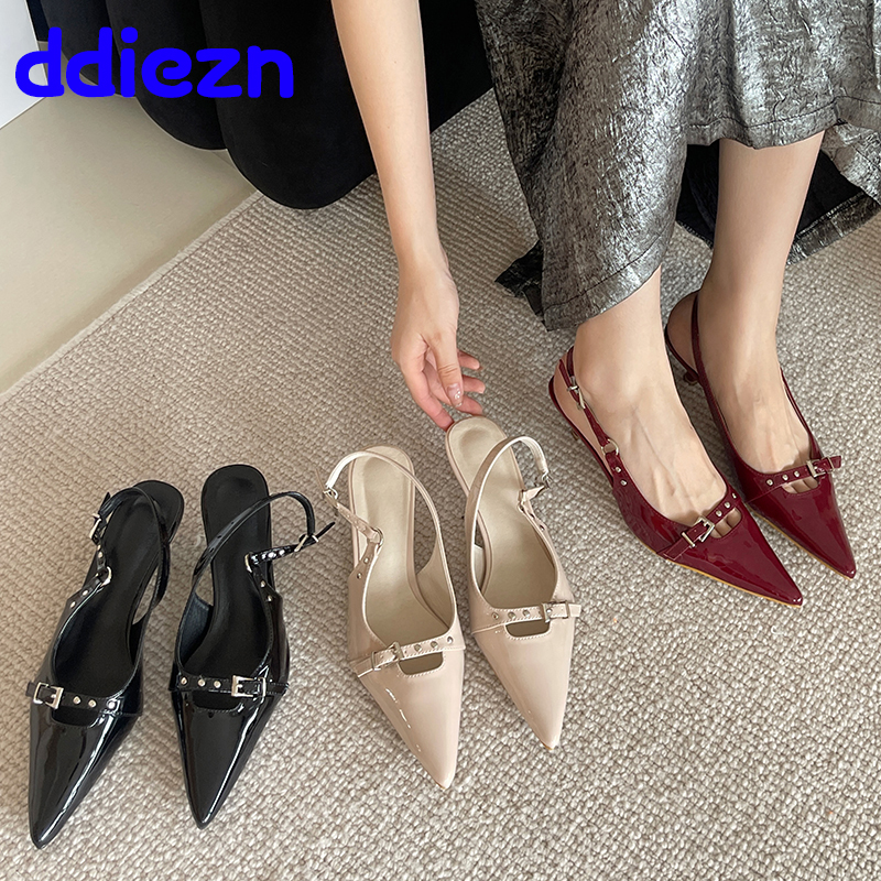 Pointed Toe Heels Shoes Luxury Women Footwear Shallow Fashion Buckle Ladies High Heels Shoes Female Slides Sandals