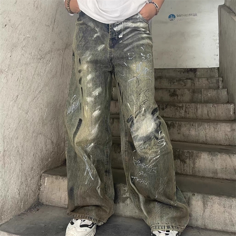 American high street trend y2k mens and womens retro washed graffiti letter jeans straight tube loose leg casual pants 240829