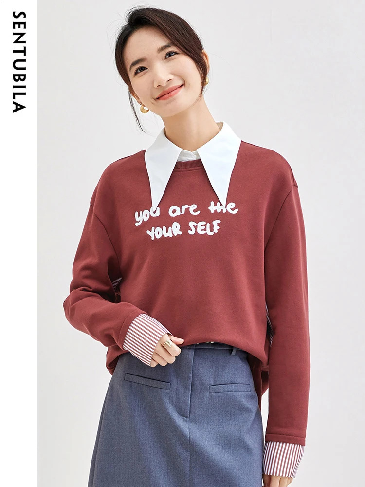 SENTUBILA 100% pure cotton Crewneck patch work sweater womens fashionable casual long sleeved letter embroidered top 133A51289 240827