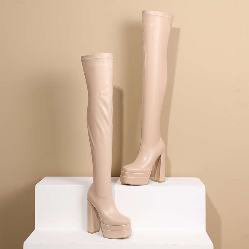 Square Toe Super High Three-Layer Platform Fashion Women's Over The Knee Thick Heel Side Zipper Slip-On Plush Ing Boots