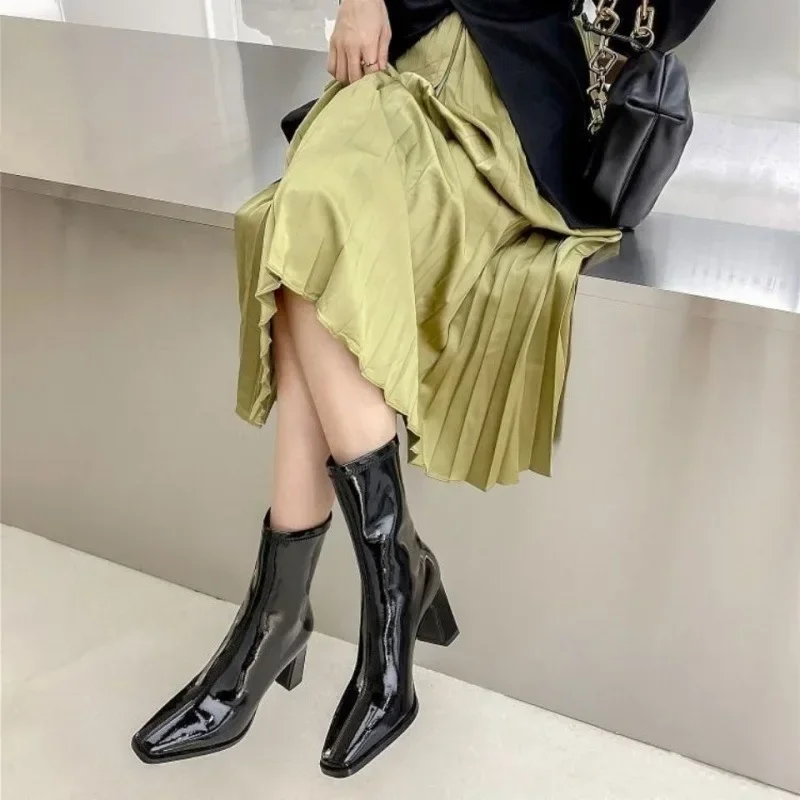 Women Patent Leather White Ankle Boots Women Autumn Fashion Slip on High Heels Boot Woman Pointed Toe Thick Heeled Short Booties