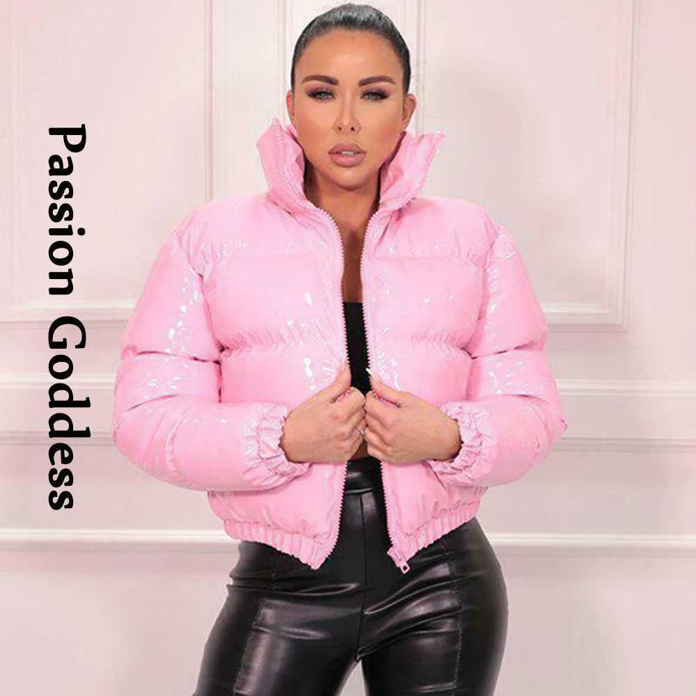 Women's Down Parkas Autumn Winter Women Bright Leather Puffer Jackets Warm Loose Cute Bubble Coats Parkas Down Stand Collar Solid Color Parkas XX