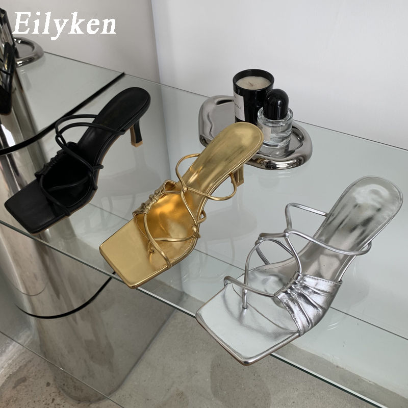 Gold Narrow Eilyken Band Women Slipper Female Square Pinch Toe Low Heel Slides Sandal Flip ps Mujer Shoes