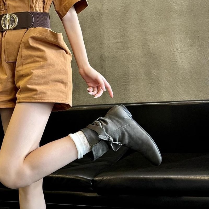 Women's bow retro slimming western flat boots