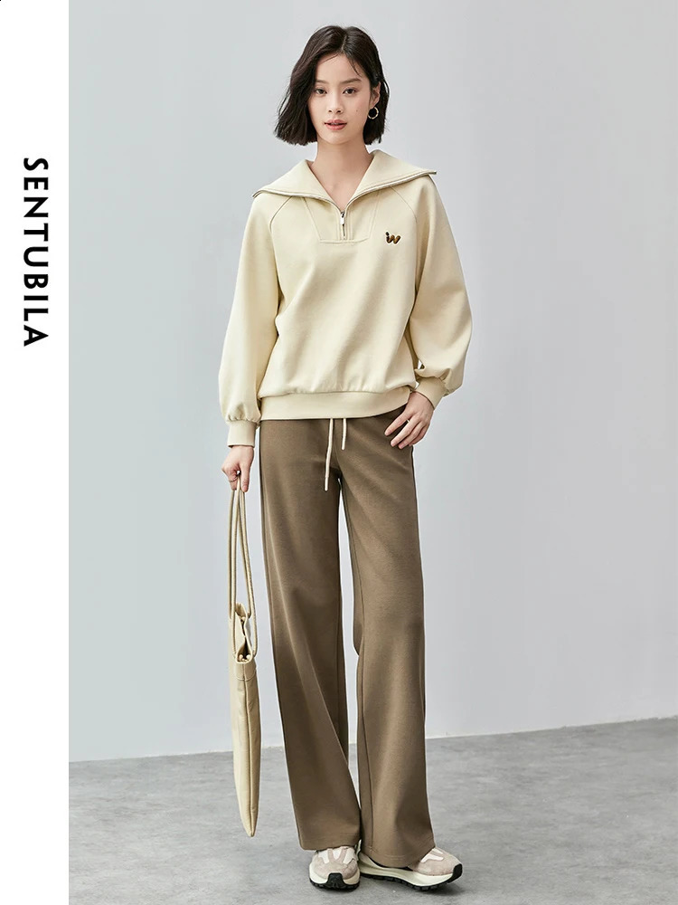 SENTUBILA Womens Casual Cotton Sweatshirt Autumn Straight Letter Embroidered Solid Half Open Collar Coat 143A55822 240827