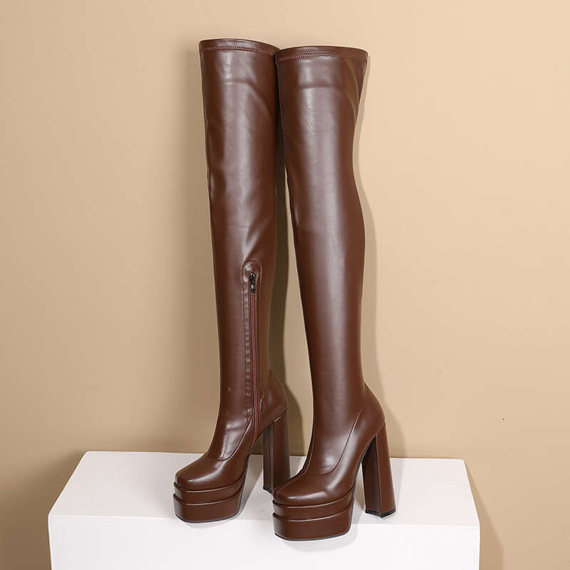 Square Toe Super High Three-Layer Platform Fashion Women's Over The Knee Thick Heel Side Zipper Slip-On Plush Ing Boots