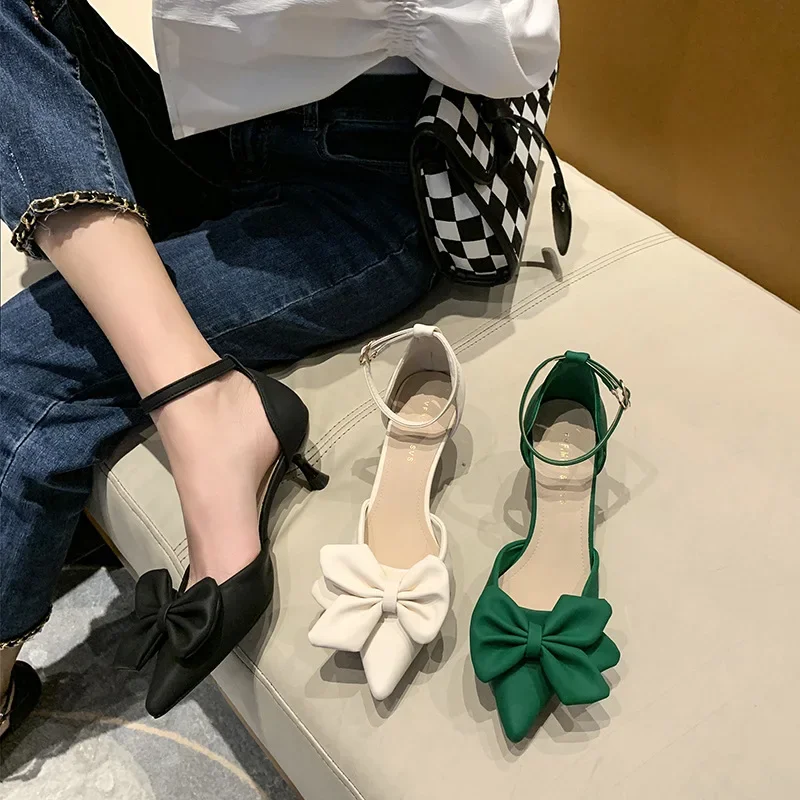 Women's New Summer Shoes Fashion 2022 New Low Heels Bow-knot Pointed Sandals Sexy Baotou Stiletto Party Light Sandalias De Mujer 3f72