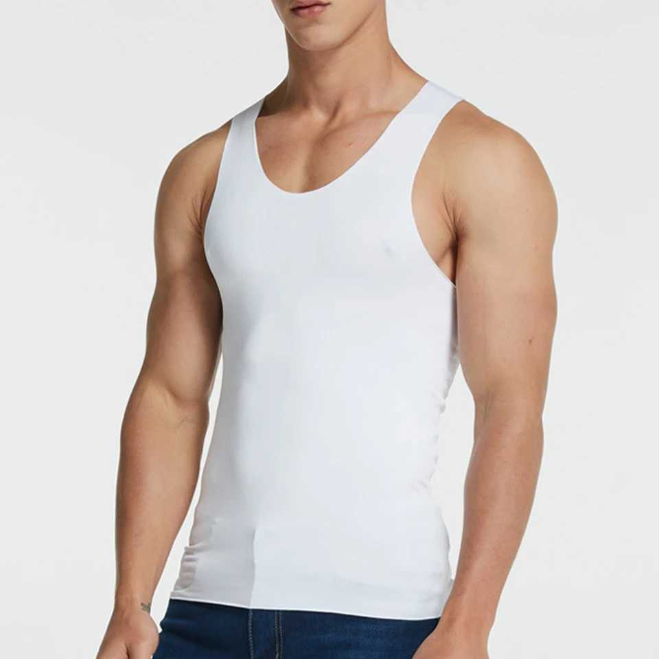 Mens sleeveless ice silk high elasticity seamless vest top pleated tee casual vest trackless sport bottom mens vestW240718