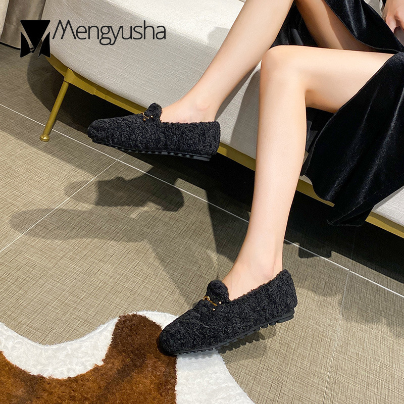 Net shoes celebrity curly 5fa67 women metal striped slip on flats wool fur warm winter loafers creppers round toe solid moccasins