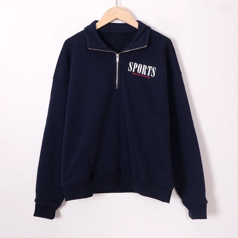 ZESSAM Sports Letter Graphic Print Sweatshirt Women TurnDown Collar Long Sleeve Sporty Female Pullover Vintage Casual Lady Top 240827