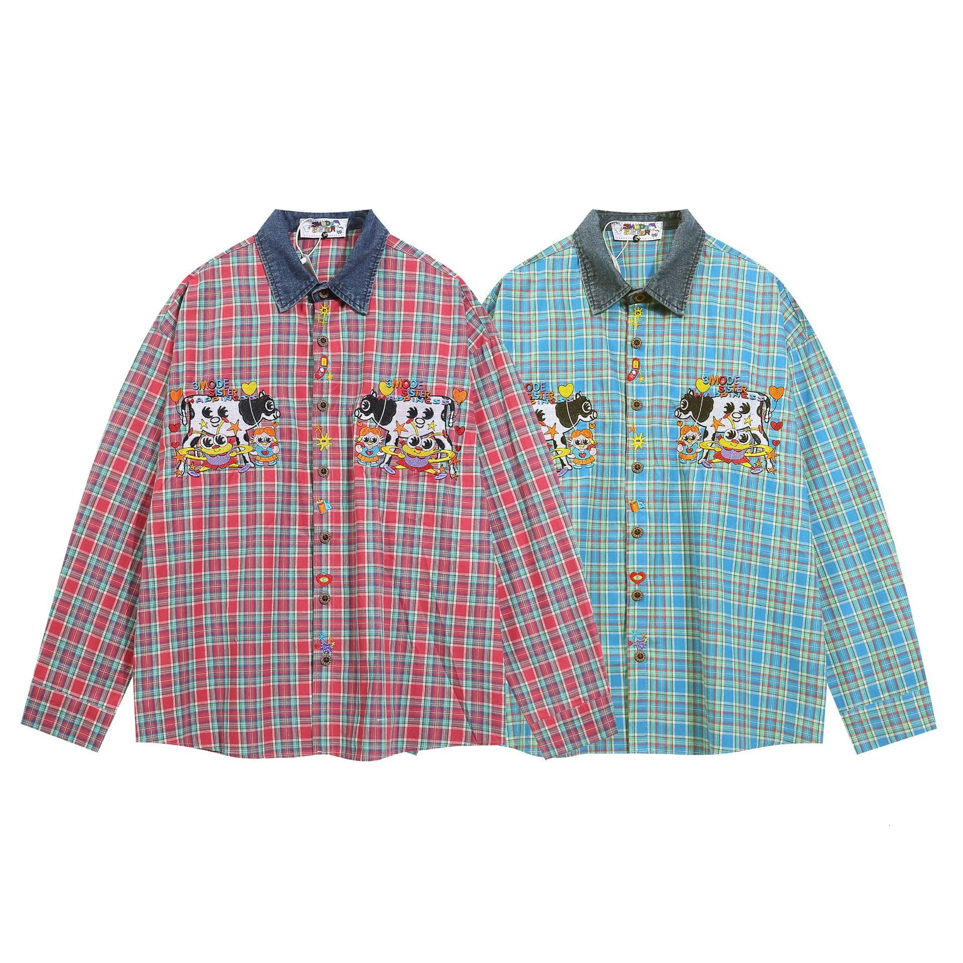 Autumn New Embroidered Color Blocked Cartoon Shirt Long Sleeved Street Versatile Casual Shirt Jacket