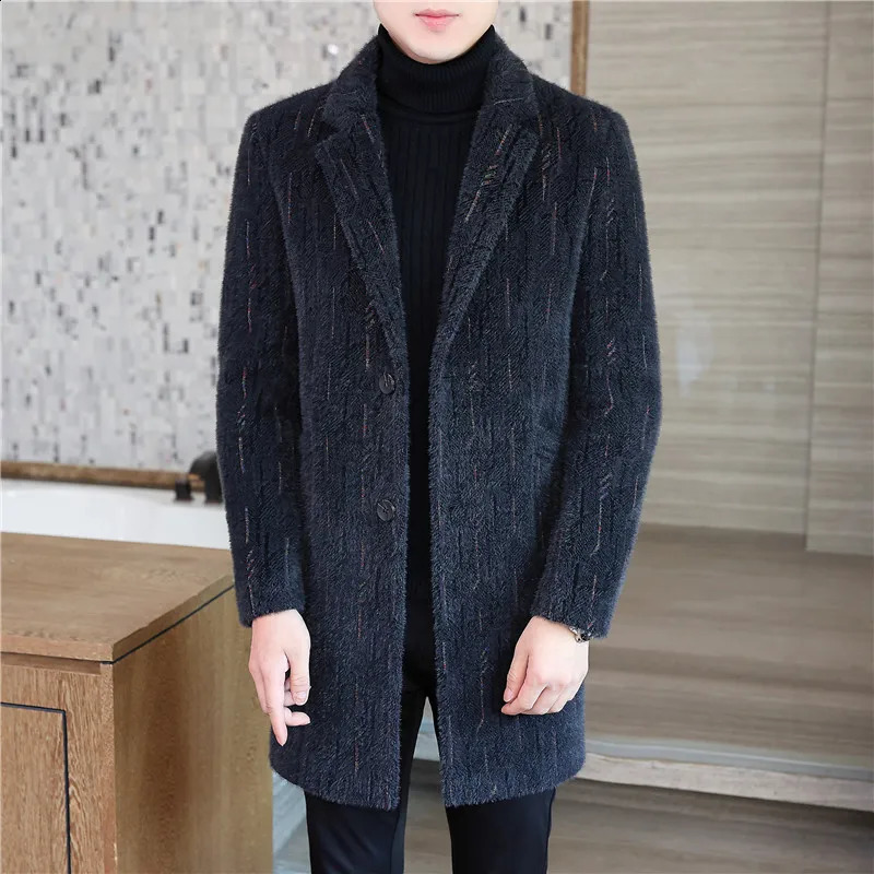 High quality autumn and winter mens mid length wool jacket business casual thick striped coat warm and windproof jacket 240829