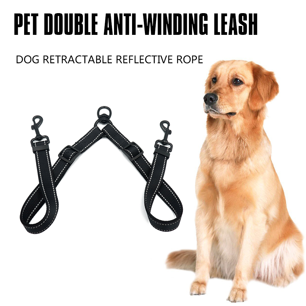 Black Double Leash Coupler for Large Dogs Adjustable Heavy Duty Nylon Splitter for Two Big Dogs