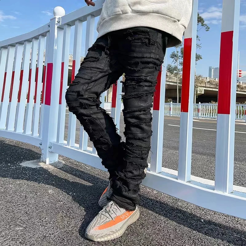 Heavy Industry Hole Frayed Destruction Waxed Jeans Mens High Street Retro Straight Ripped Pencil Pants Oversize Denim Trousers 240826Z