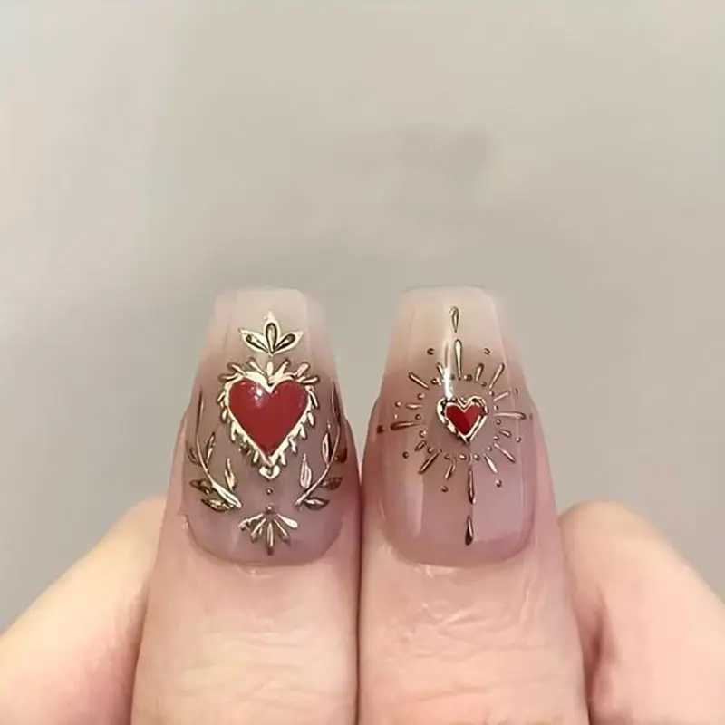 1/4 Bronze Love Heart Star Moon Nail Art Stickers 5d Embossed Adhesive Gold Irregular Lines Geometric Valentines Day Stickers W240829