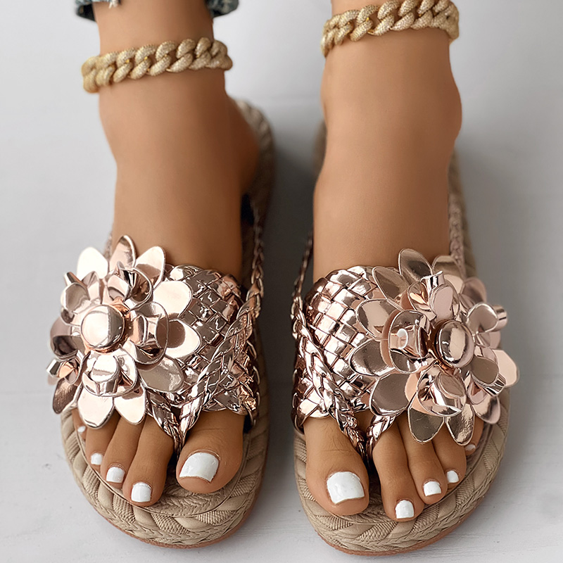 Women's Casual Flat Flip Flops with Holographic Braided Strap and Floral Toe Post Design Perfect for Beach Vacations and Everyday Comfort
