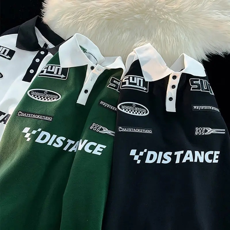 SpringSummer Polo Shirt Korean Retro Sports Mens Fashion Long Sleeve Collar Racing Ten Font Top 240829