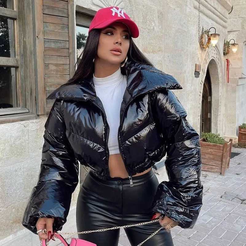 Women's Down Parkas Fashion Women Shinny PU Leather Short Puffer Jacket Thick Bubble Coats Outerwear Glossy Leather Parka Down Zipper Cropped Jac