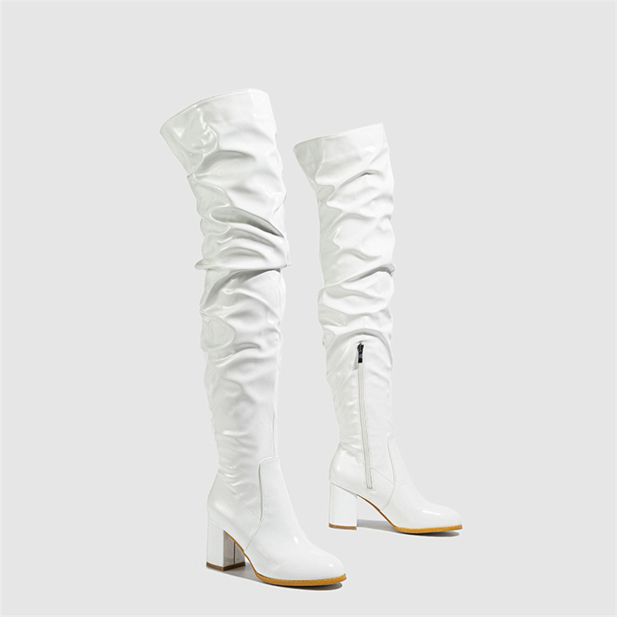 Women's Thigh High Boots Black Red Patent Leather Over The Knee Boots Round Toe Zippers Ladies Square Heel Sexy Party Long Shoes