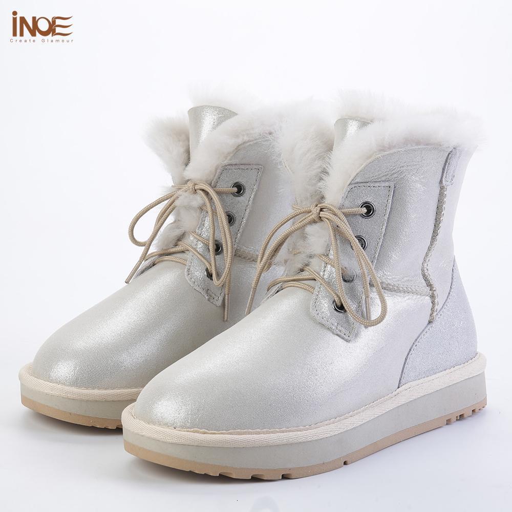 INOE Real Sheepskin Leather Natural Wool Fur Ed Winter Snow Boots For Women Fashion Short Ankle Warm Shoes White Flats