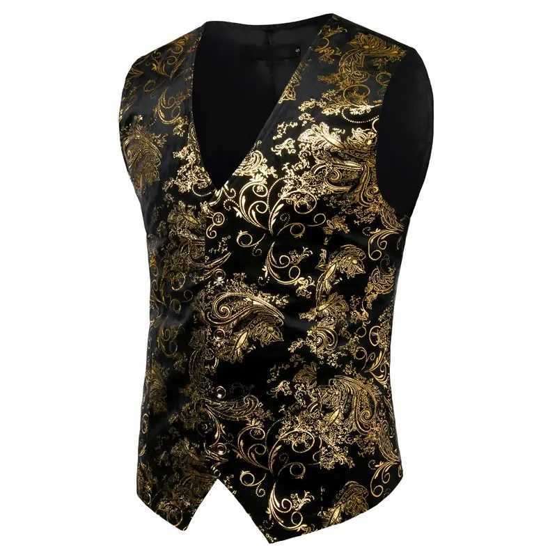 Mens Gold Metallic Paisley Printed Steampunk Vest Single Breasted V Neck Wedding Waistcoat Men Tuxedo Aristocrat Vests Gilet 2XL Y240830