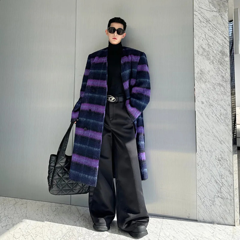 NOYMEI winter plain weave n wool coat thick purple long fully matched Korean style collarless coat for men WA3536 240829