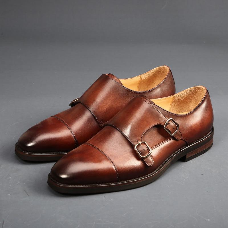 Brand Double Monk Strap Genuine Leather Handmade Fashion Designer Business Dress Shoes for Men Original