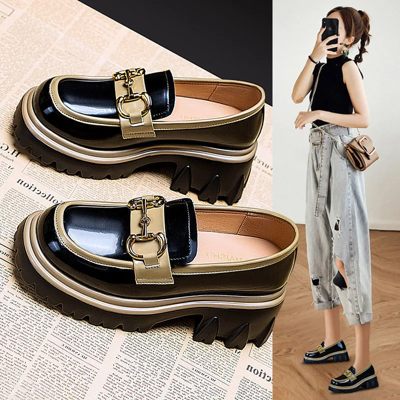 Autumn Shoes Spring Platform for Women British Style Loafers Leather Casual Shoe Thick-soled Heightened Pumps Breathable atos