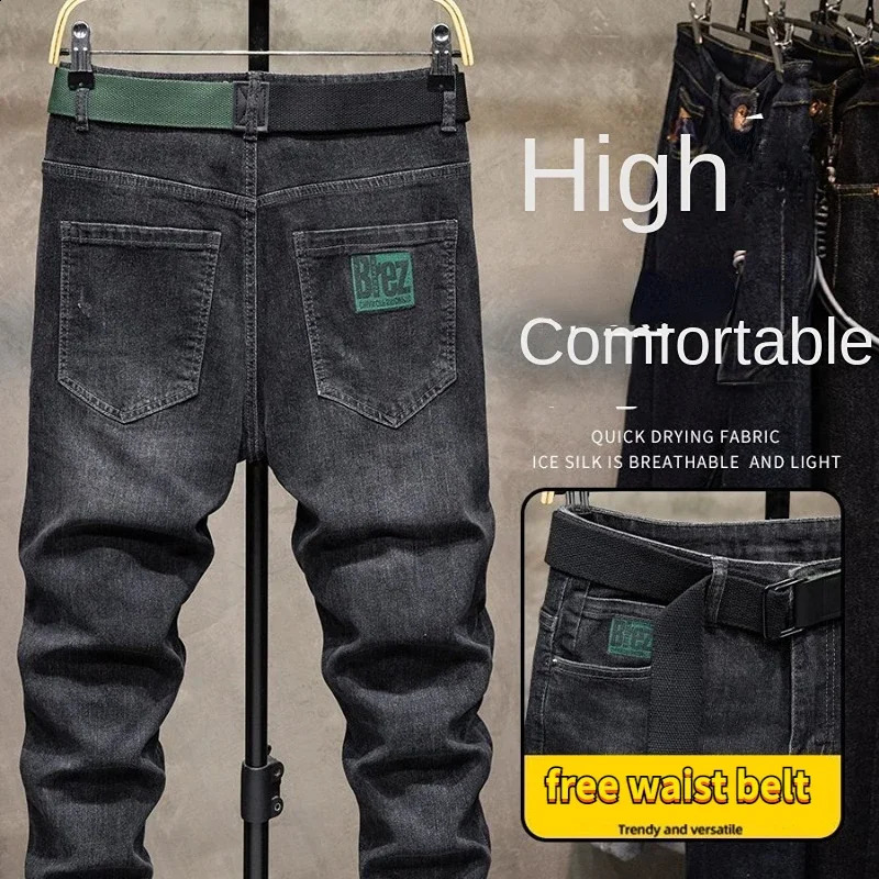 Winter Pants Brushed Denim Fabric Korean Style Clothes Street Mens Boots Cut Stretch Slim Plush Wool Thicken Jeans 240826Z