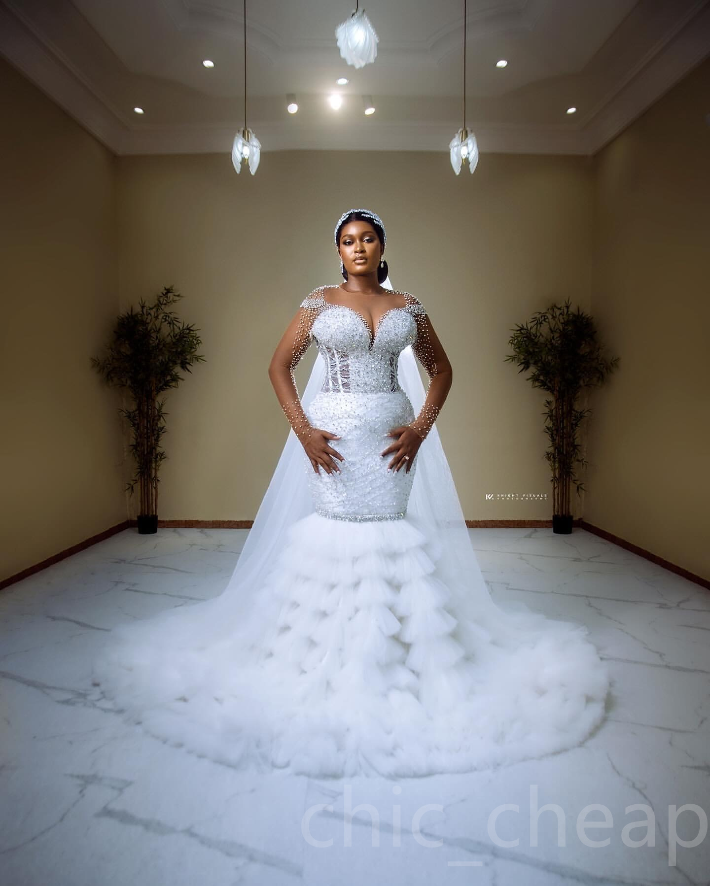 2024 Arabic Aso Ebi Plus Size Ivory Mermaid Wedding Dresses Beaded Sheer Neck Beaded Detachable Train Bridal Gowns Dress vestidos de novia ZJ515