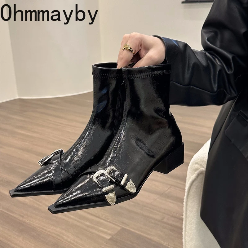Ankle Winter Boots Fashion Pointed Toe Short Botas Ladies Elegant Square Low Heel Metal Decoration Women's Footwear 41cc
