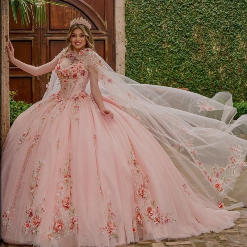Pink Quinceanera Dresses 2025 Ball Gown Sequins Appliques Lace Beading Tull With Cape Sweet 16 Dress Vestido De 15 Anos