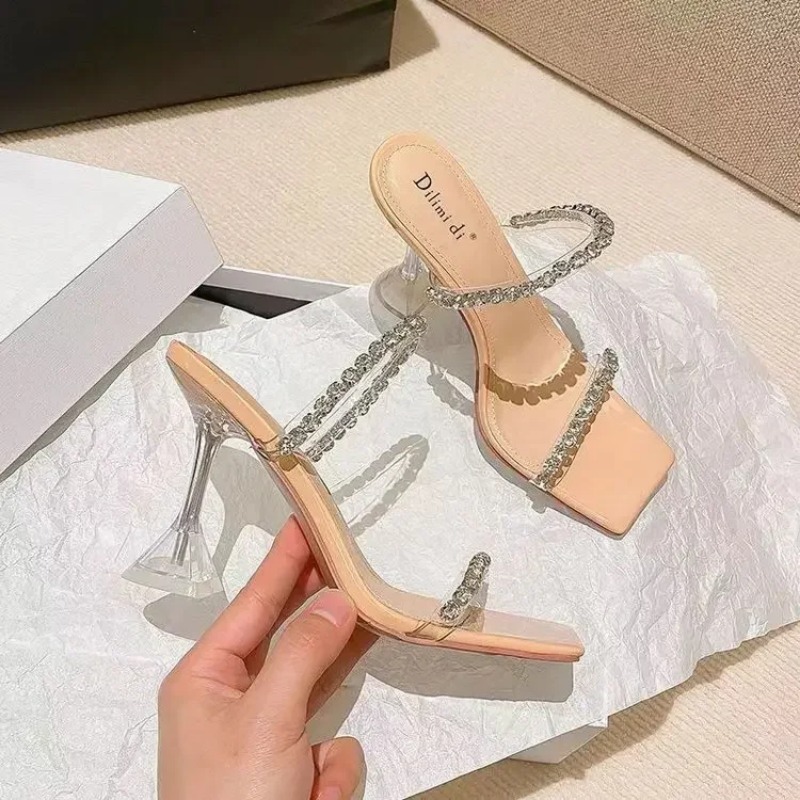 Summer New Sexy New Fashion Open Toe Sandals Water Dia Shining Square Headed Banquet Women's High Heels Large Design 69dd
