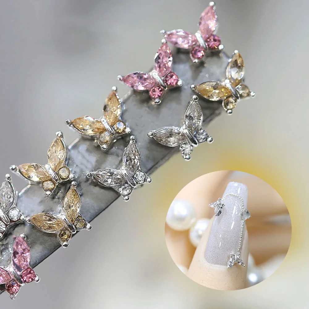 10 pieces of mini 4 * 5mm crystal butterfly nails artistic charm 3D diamond jewelry parts pink transparent metal processing decoration rhinestone gems