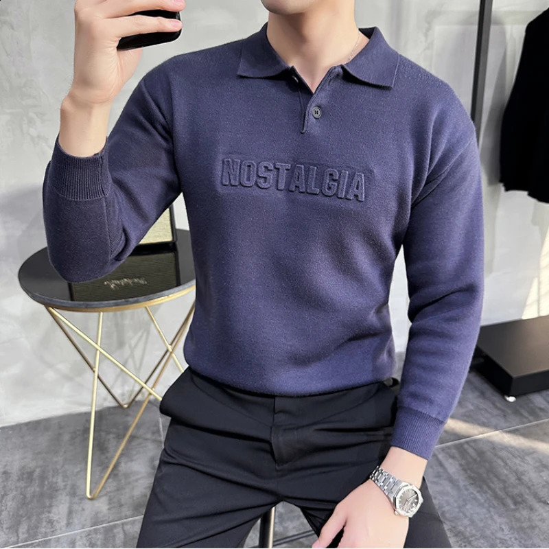 mens lapel long sleeved knitted sweater/mens slim fit fashionable long sleeved zipper mens letter printed sweater 3XL 240829