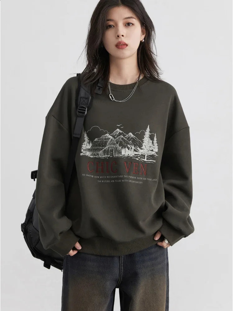 CHIC VEN Womens Sportswear Loose Casual Retro Round Neck Letter Embroidered Large Shoulders Top SpringSummer 240827