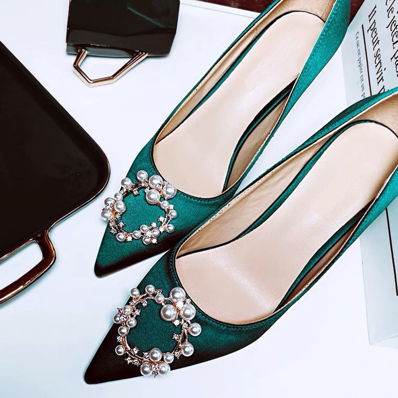 crown 2d0fe heels med-high woman beading green silk pumps designer party/wedding shoes 41 42 plus size pearl buckle tacon