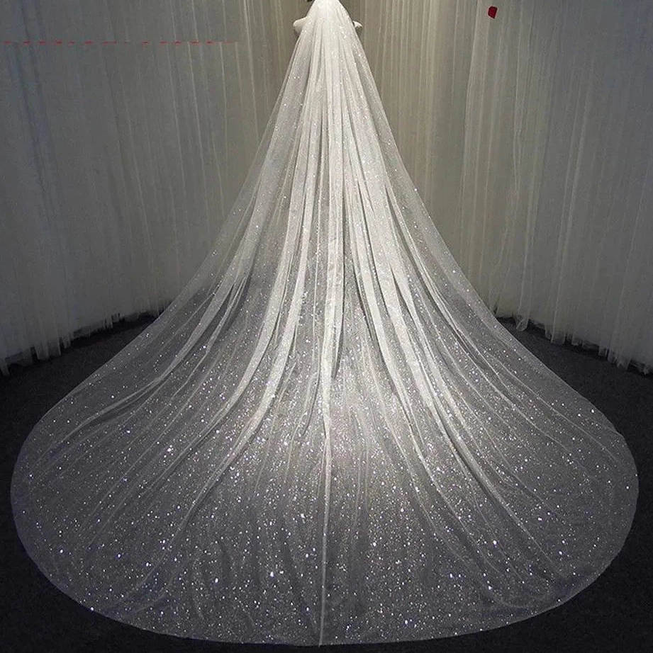 Bling Wedding Veils Sequins One Layer Long Cathedral Length Veils Cut Edge Velo De Cabeza For Bride Voile Custom Made