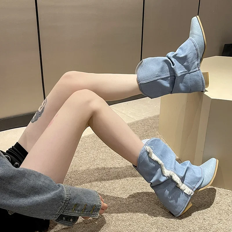 Pleated Blue Denim Boots Fashionable Women's Chelsea Boots Autumn Winter Mid-heeled Boots 2024 New Women Shoes Botas Altas Mujer