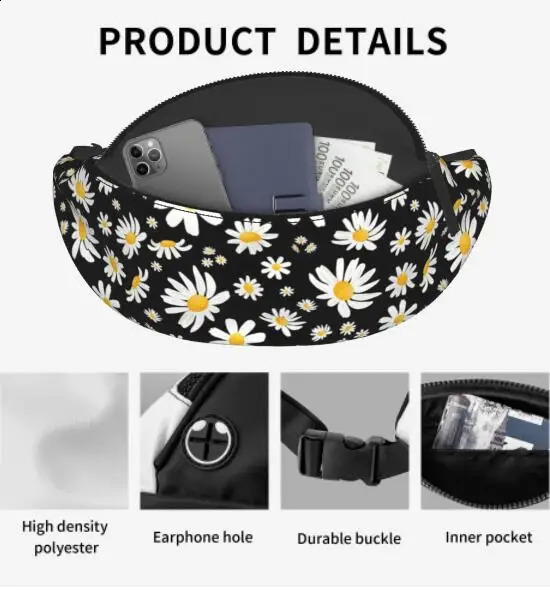 Cute Daisy Flowers Waist Bag With Headphone Hole Belt Adjustable Sling Pocket Fashion Hip Bum For Women Men 240830Z