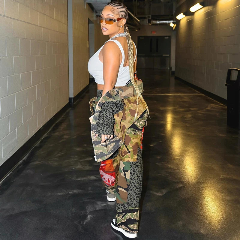 Cat camouflage cargo pants Y2K womens pocket zipper high waist patch work casual Trouser street hippie wild bottom 240829