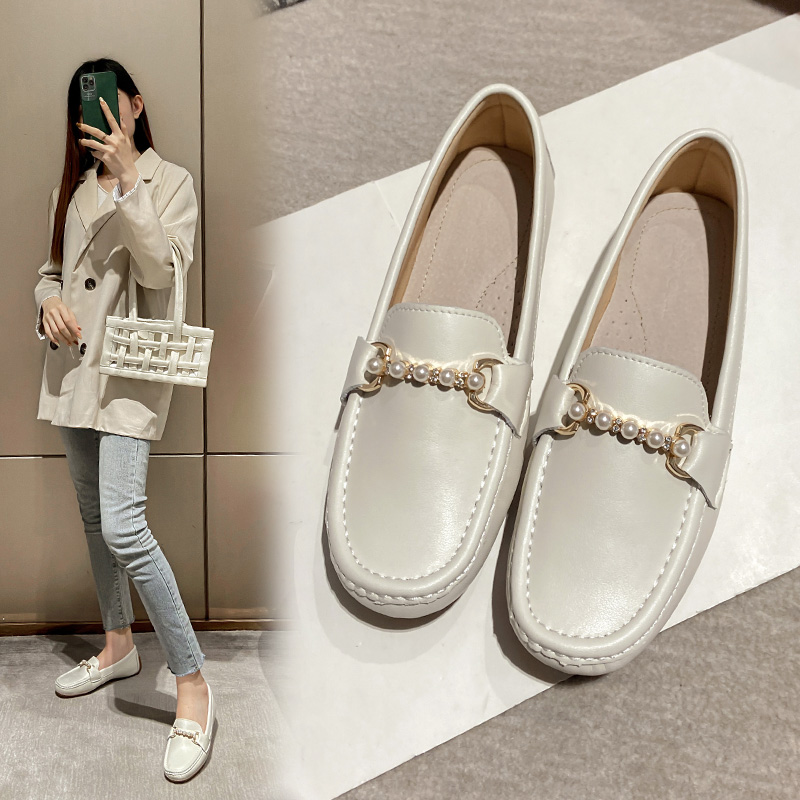 Luxury Pearl Band cow leather flat shoes woman round toe moccasins anti-slip cozy pregnant shoes female genuine leather loafers