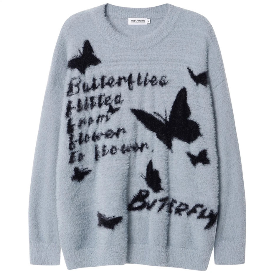 Super Size Hip Hop Knitted Jumper Pullover Sweater Butterfly Letter Pattern Sweater Neutral Loose Y2K Sweater Black 240829